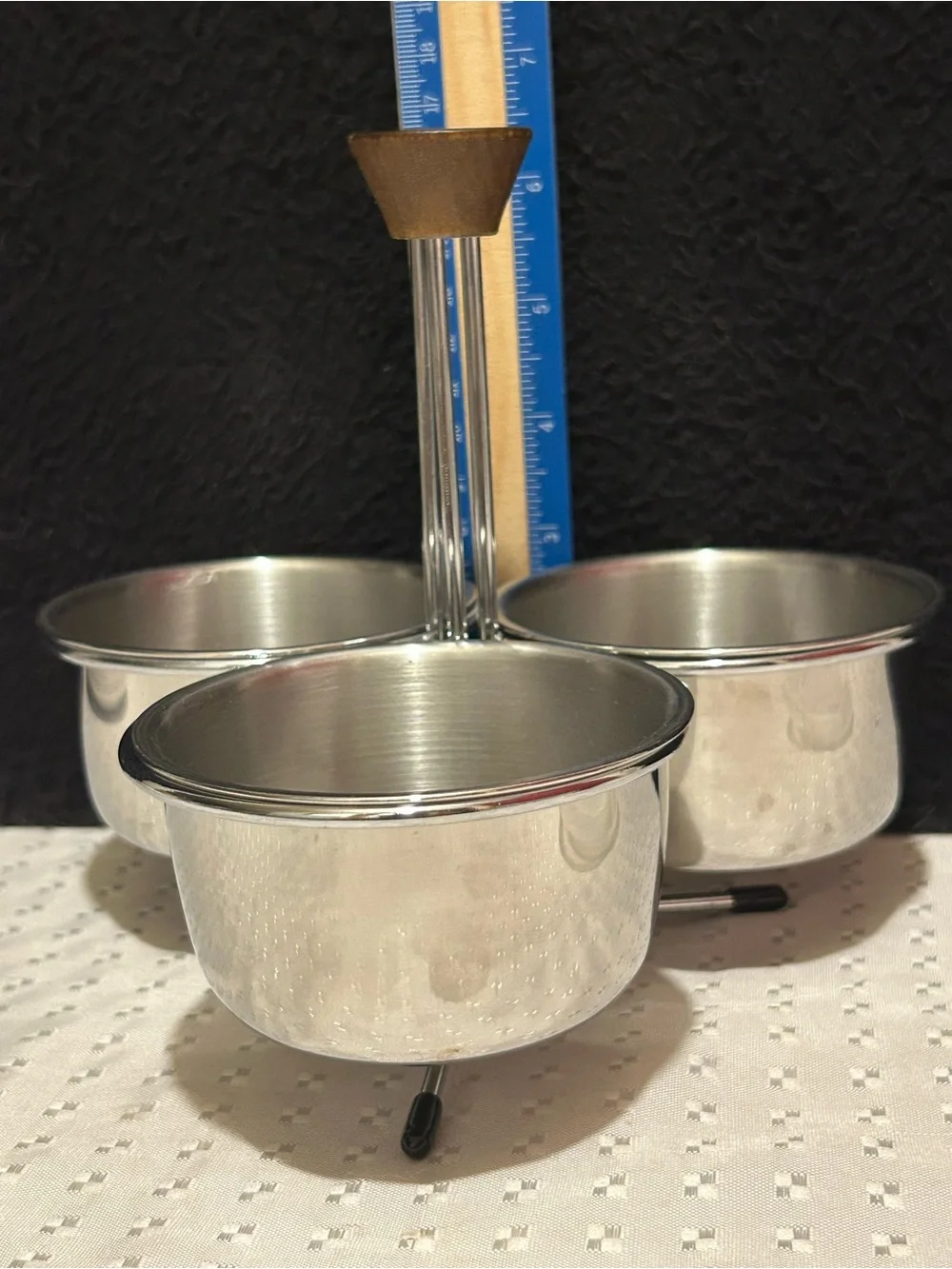 Vintage Stainless Steel Condiment Holder With 3 Bowls & Lids Wood Handle 8